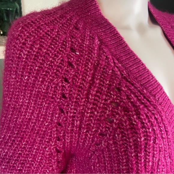 LOFT Fuchsia Pointelle Button-Up Sweater Cardigan Large Fuzzy - Picture 5 of 12